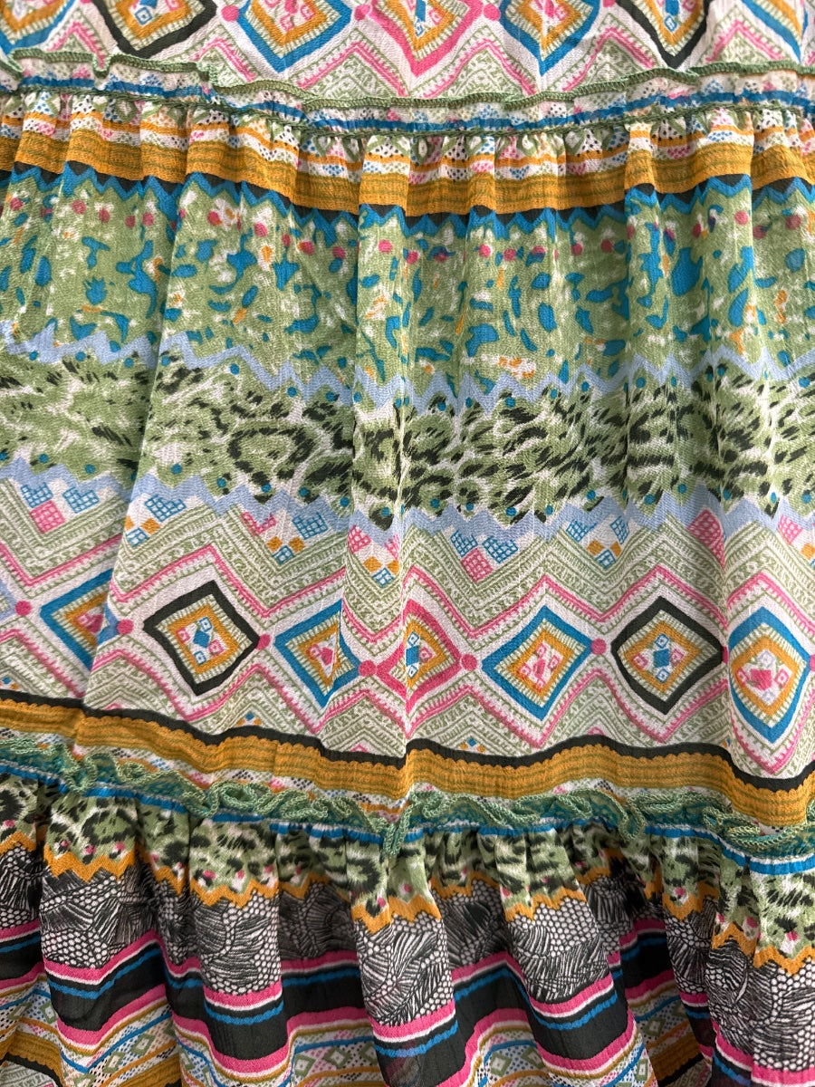 Sundance · Boho Southwestern Tiered Skirt · Small · GreenMulti