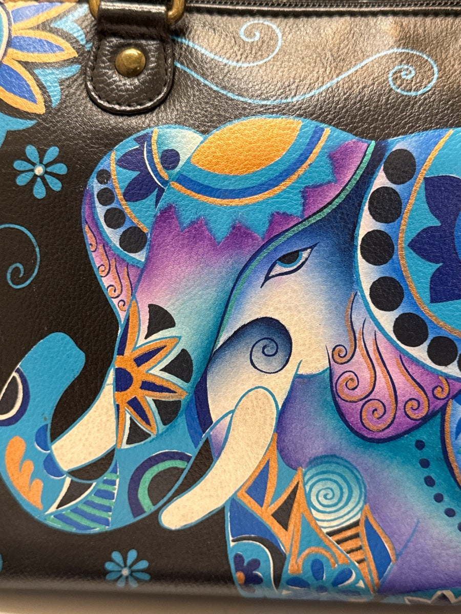 Anuschka · Elephant Handpainted Handbag · Convertible · BlackBlue Leather