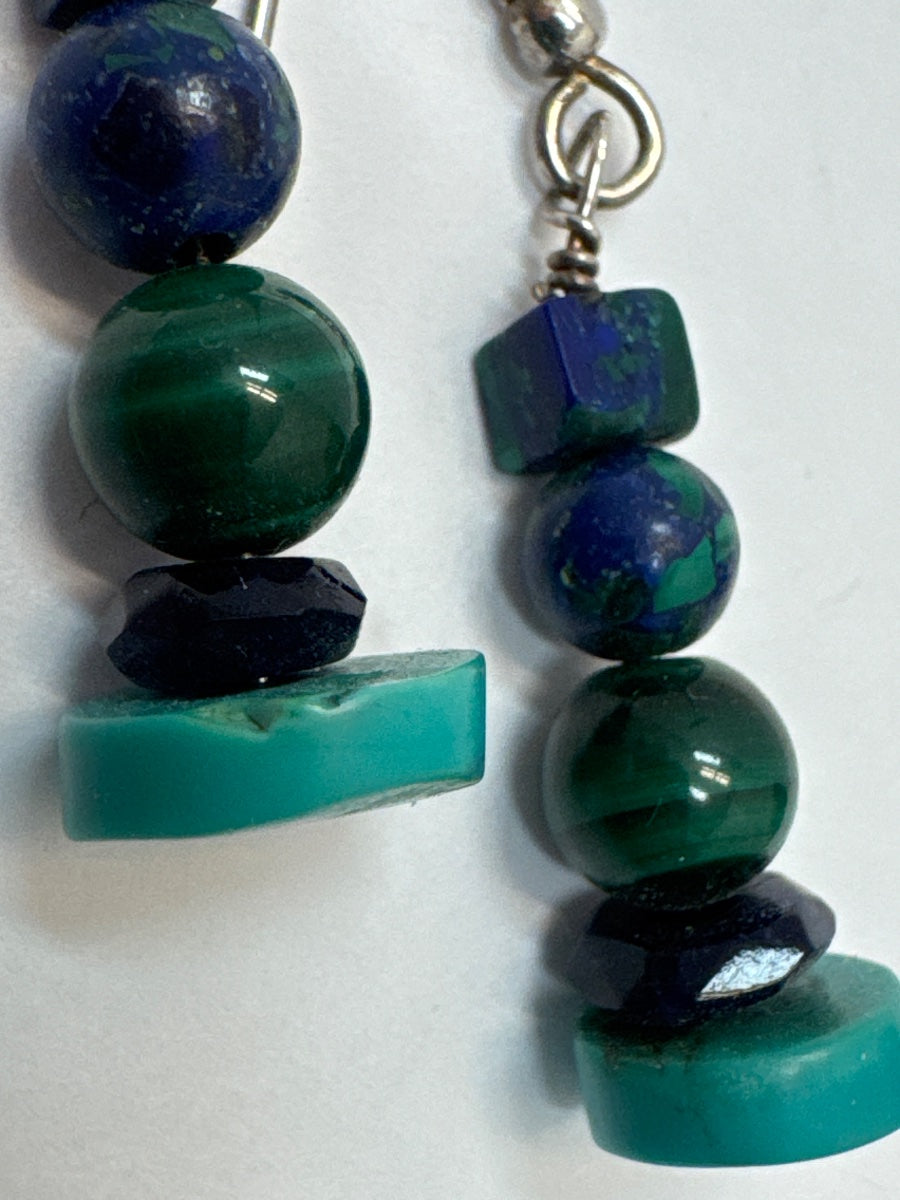 .925 Lapis, Malachite, and Turquoise Earrings · Jewelry · wire · Blue, Green, Teal