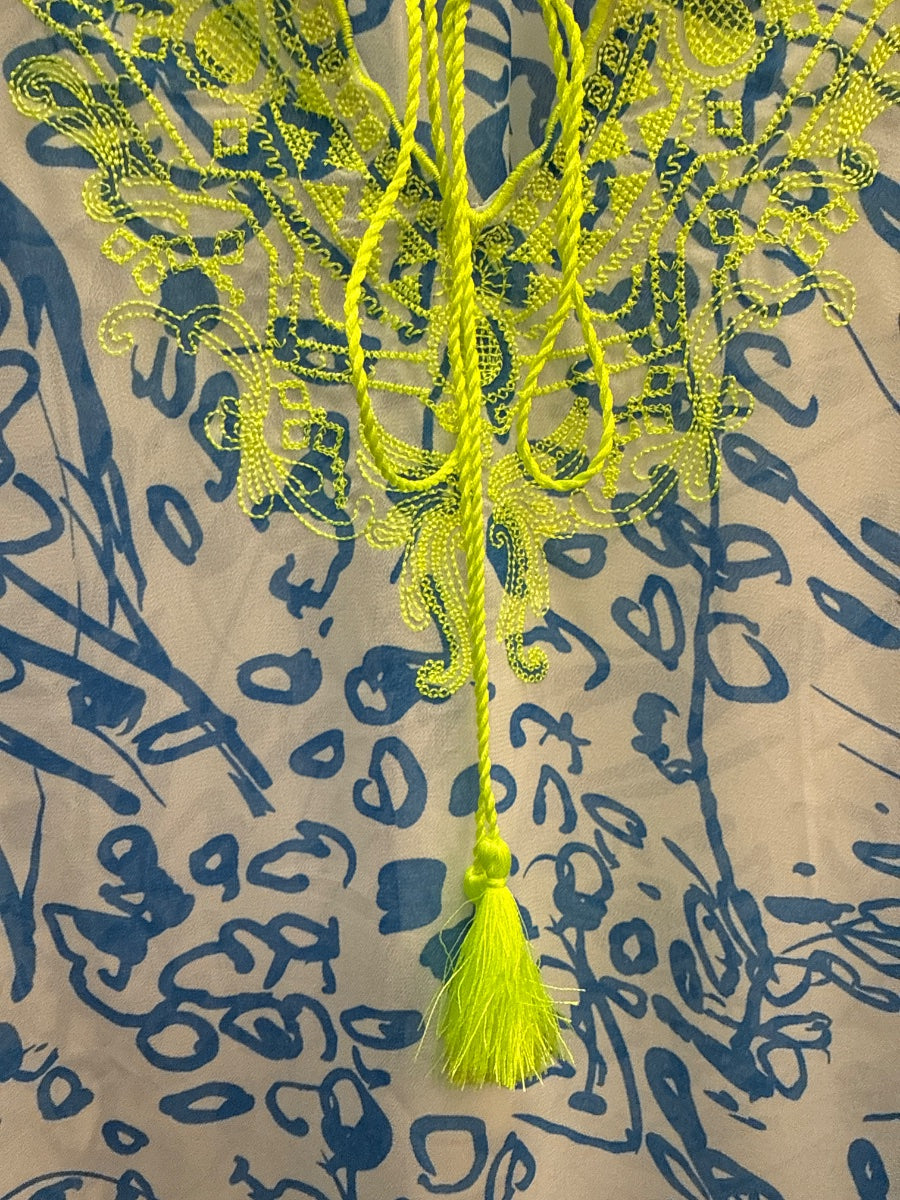 Sundance · Bell Sleeve Top · S/M · White with Blue Print and Neon Yellow Embroidery