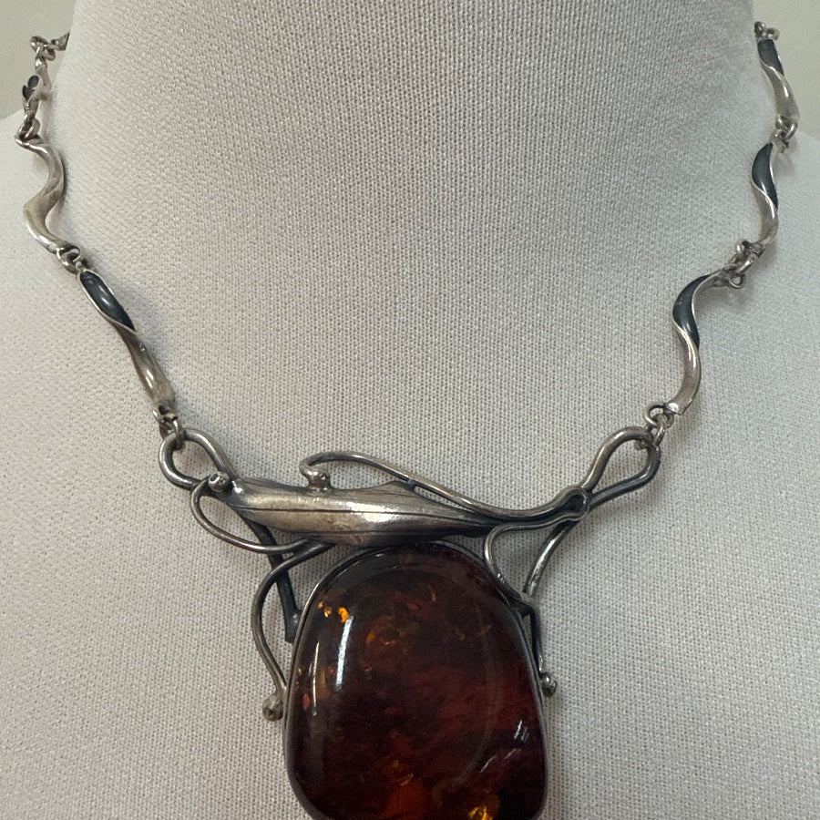 Vintage Sterling Amber Necklace · Jewelry · 16 1/2 inches · Amber, Silver