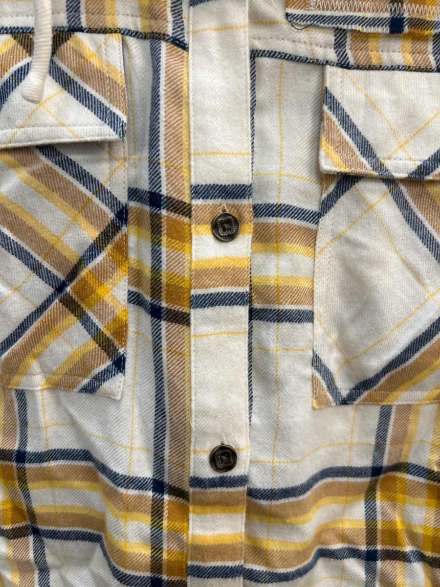 Cleo & Wolf · Cropped Hooded Shacket · Medium · YellowNavy Plaid