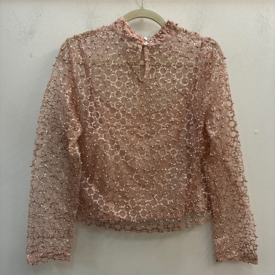 Anthropologie · Longsleeve Cropped Sheer Top w/ Pearls · Medium · PinkGold Sparkly