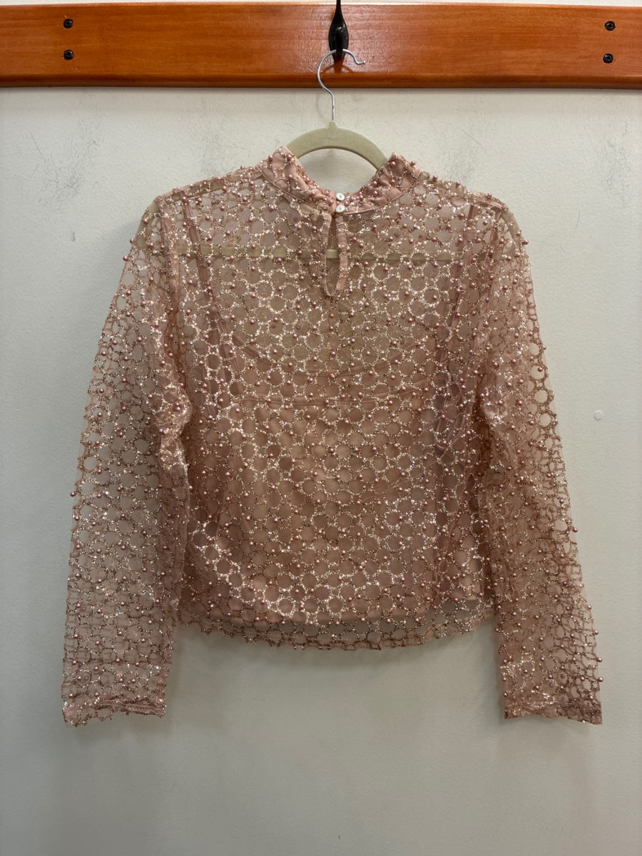 Anthropologie · Longsleeve Cropped Sheer Top w/ Pearls · Medium · PinkGold Sparkly