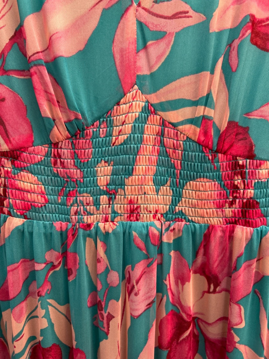 Maggy London · Floral Dress w/ Mesh Shell · 12 · TurqPink