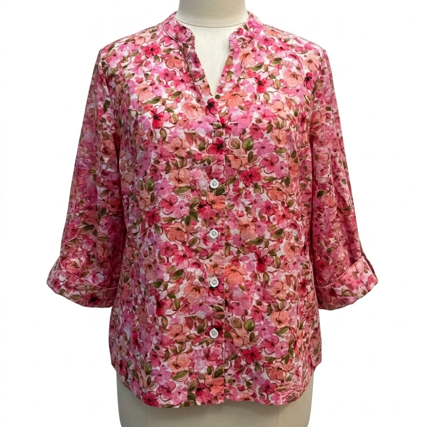 Jones New York · Roll Tab Shirt · Large · Rose Floral