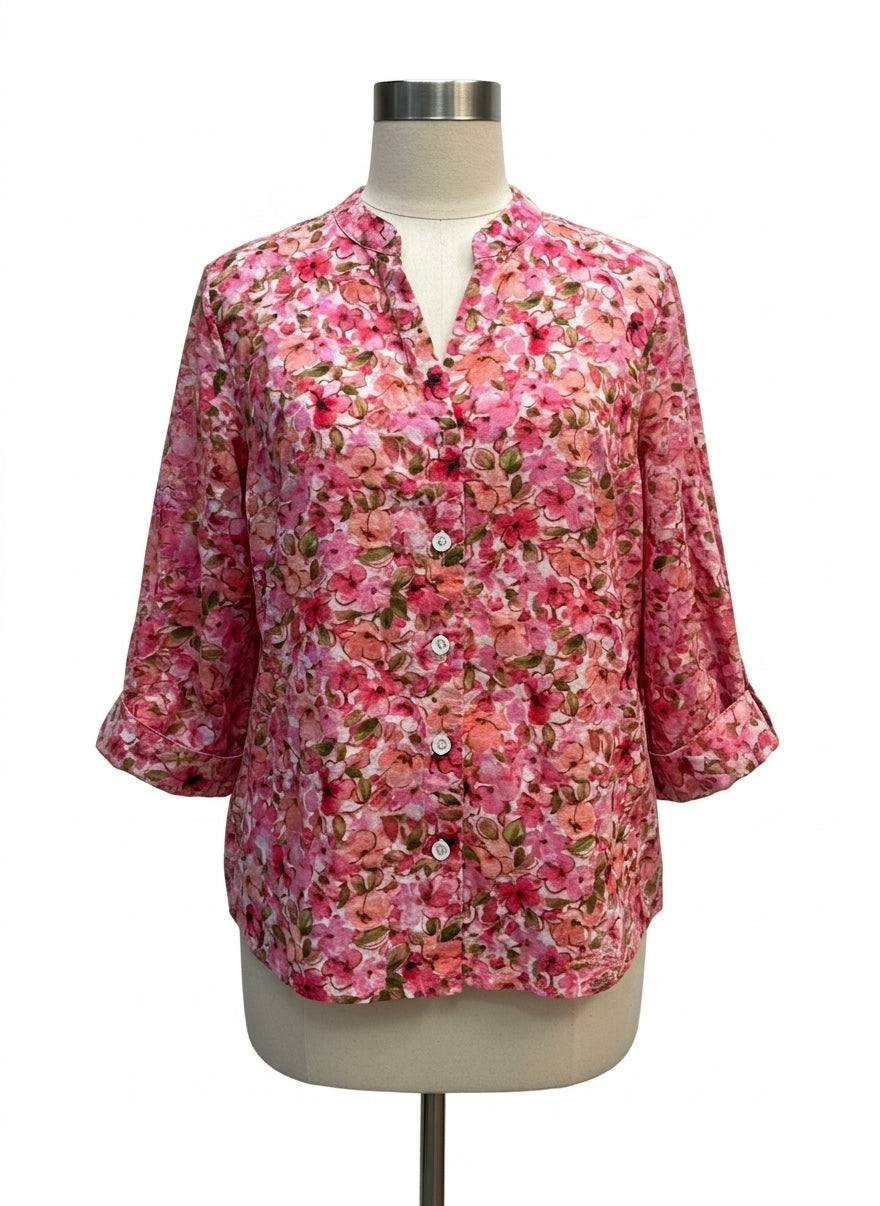 Jones New York · Roll Tab Shirt · Large · Rose Floral