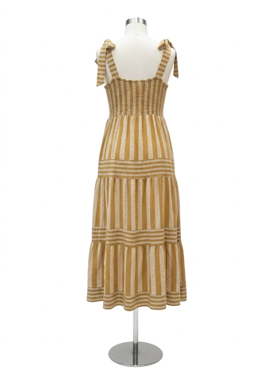 Anthropologie · Striped shoulder tie dress · 2X · DijonCream