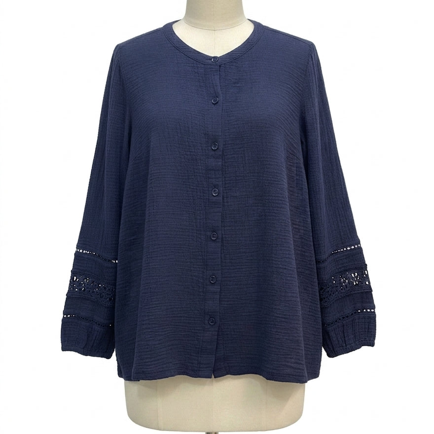 Belle Beach · Cotton Gauze Long Sleeve Shirt with Lace · 1X · Navy