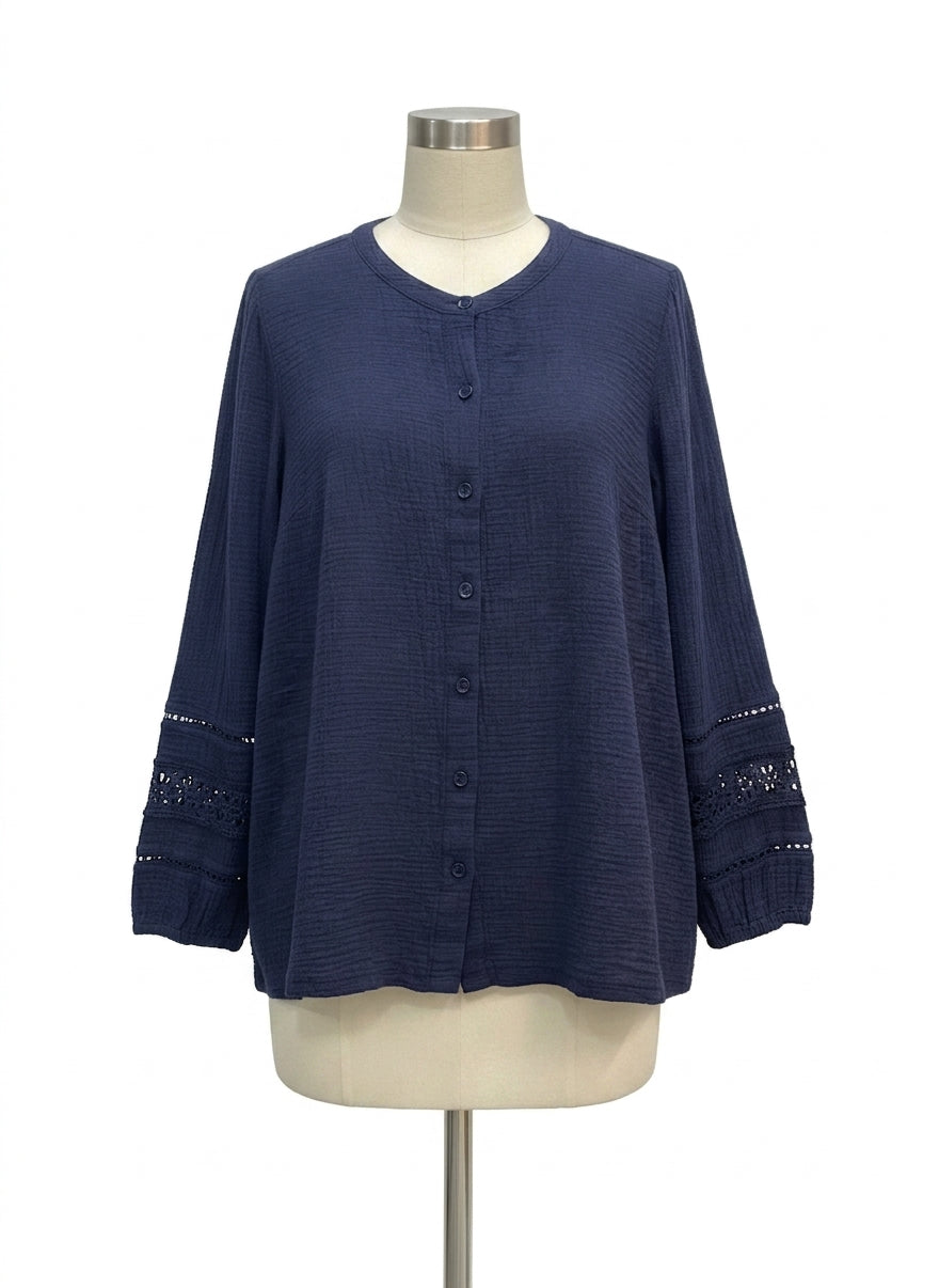 Belle Beach · Cotton Gauze Long Sleeve Shirt with Lace · 1X · Navy