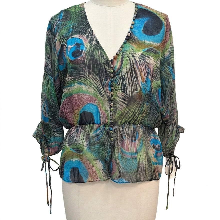 Anthropologie · Blue Tassel Peacock print top · Large · BlueGreen