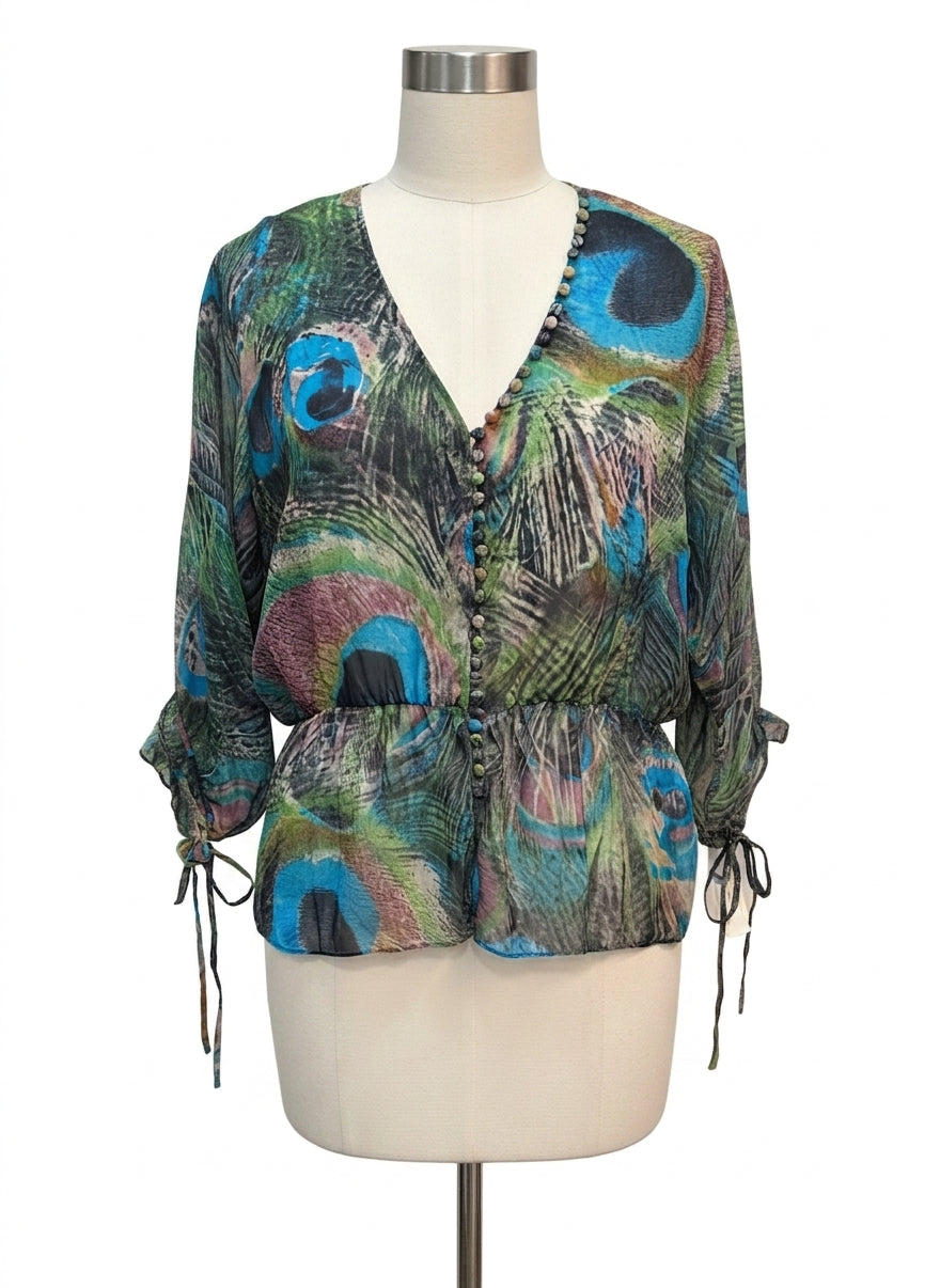 Anthropologie · Blue Tassel Peacock print top · Large · BlueGreen