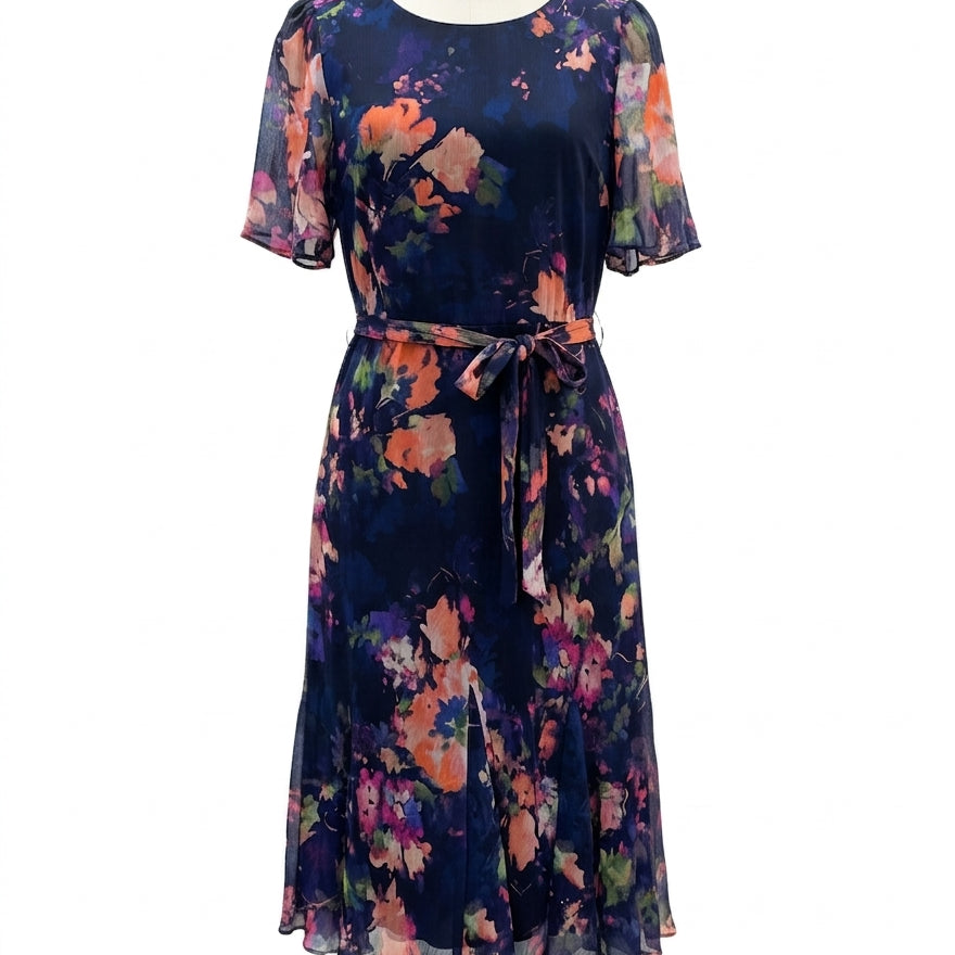 DKNY · Abstract Floral Print Belted Dress · 6 · NavyPink