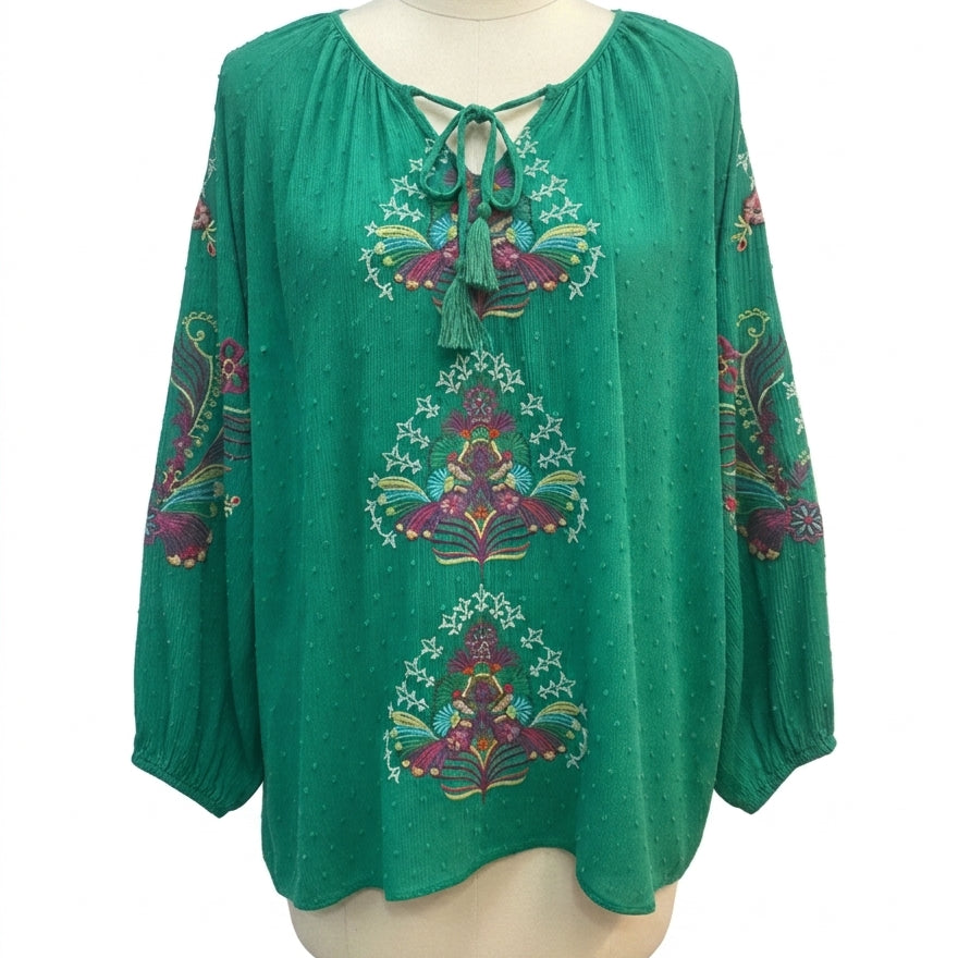 One World · Boho Chic Top · 1X · GreenMulti