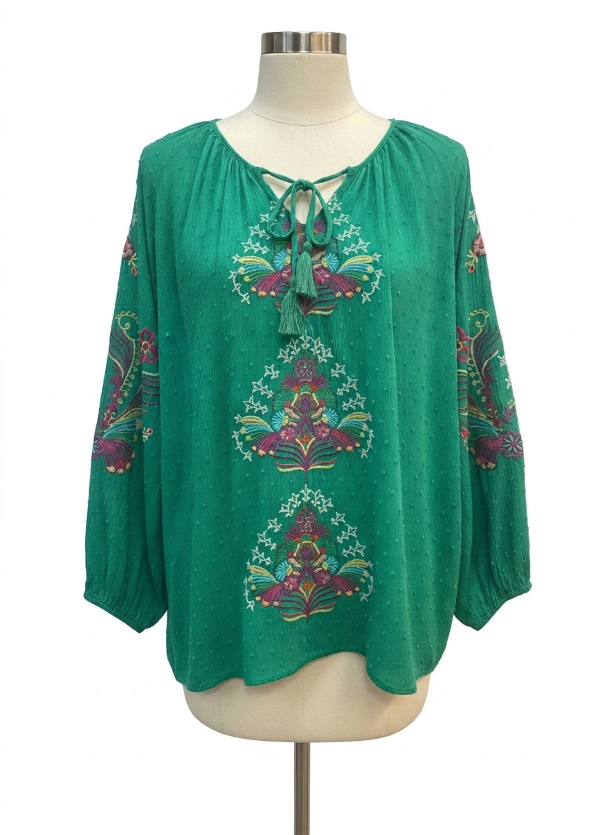 One World · Boho Chic Top · 1X · GreenMulti