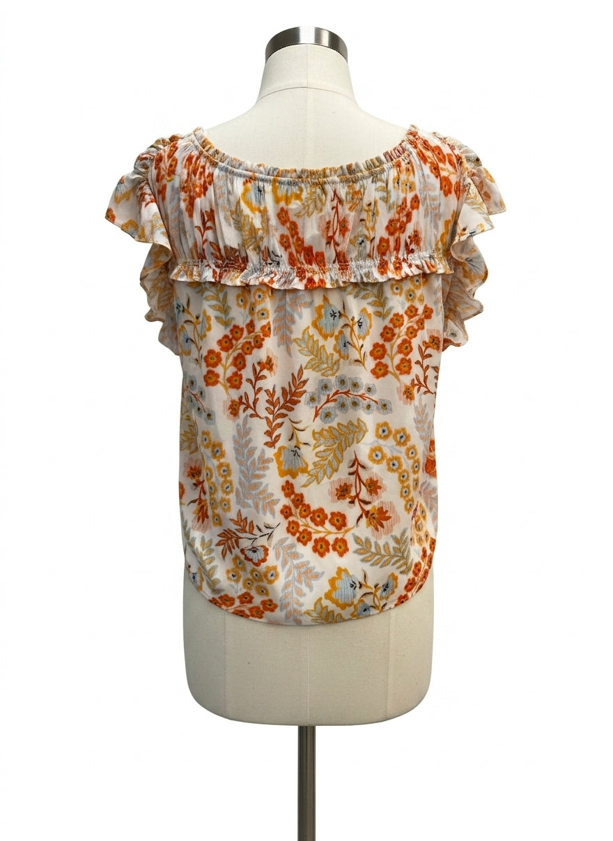 DR2 · Ruffled Sleeve Top with keyhole detail · 1X · OrangeFloral