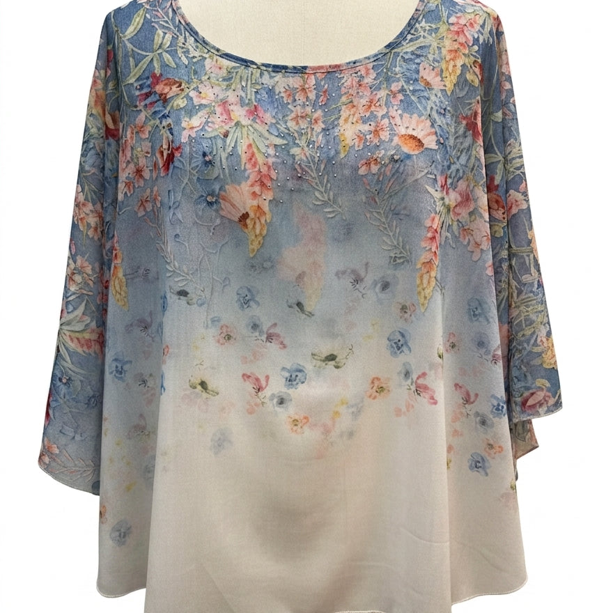 TCR · Charming Art Sleeveless Top with Sheer Topper · Large · Blue Floral