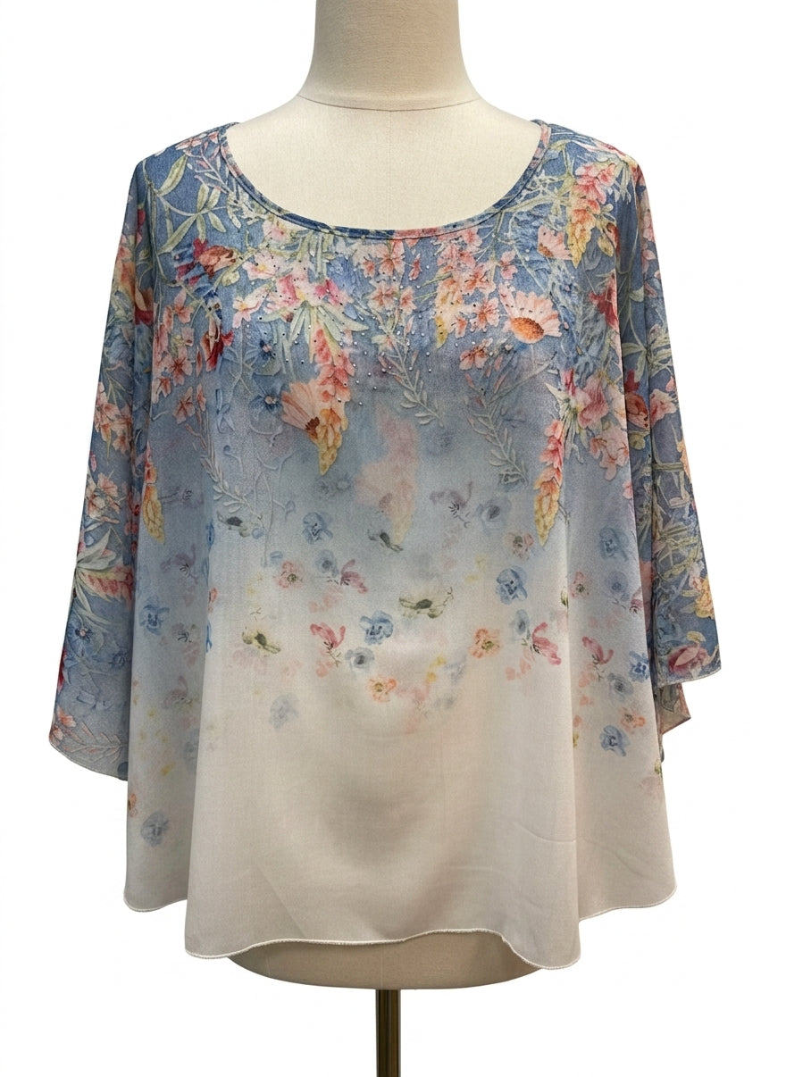 TCR · Charming Art Sleeveless Top with Sheer Topper · Large · Blue Floral