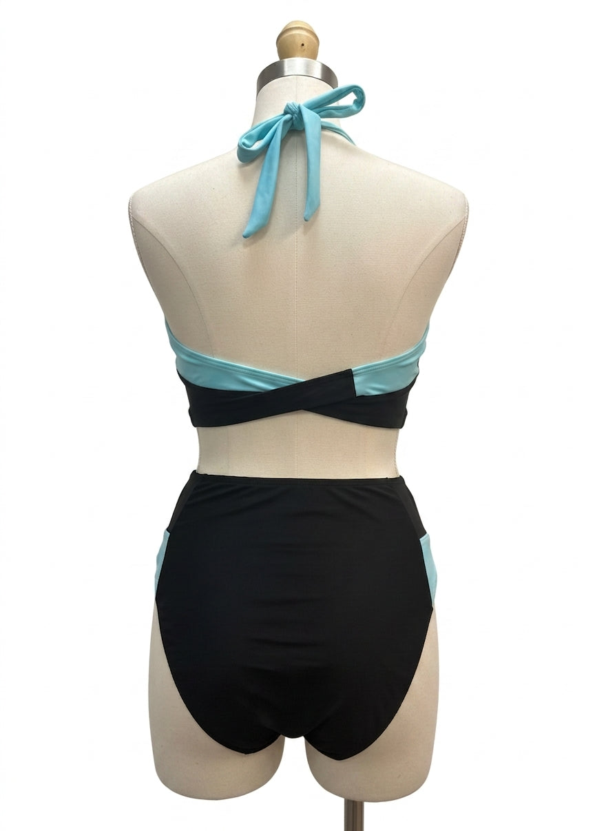 FashionSwim · Wrap Style Halter Top and Bottoms Set · XLarge · BlackAqua