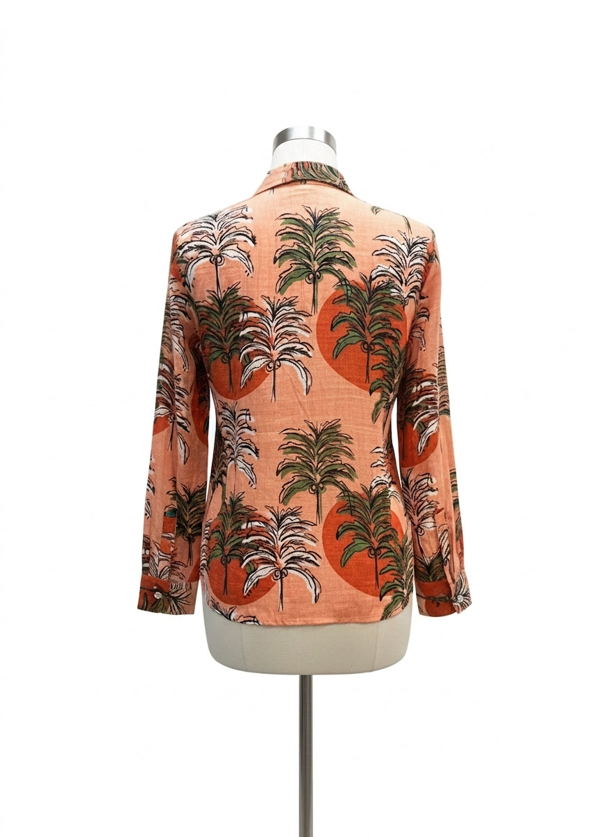 Nicole Miller · Long Sleeve Palm Tree Print Shirt · Medium · ApricotMulti