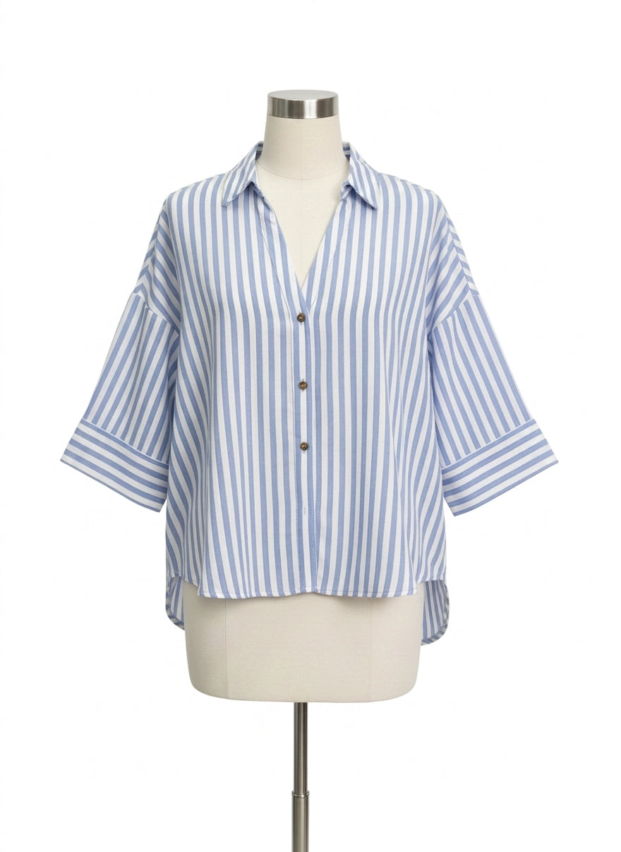 Cicy Bell · Elbow Length Top · Large · Blue/White