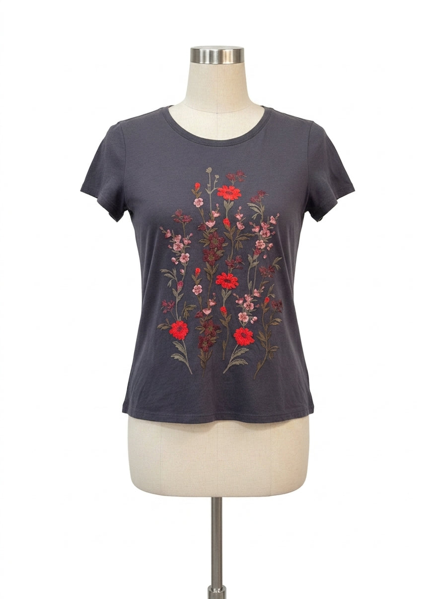 American Eagle · Floral Embroidered Short Sleeve Top · Medium · Grey
