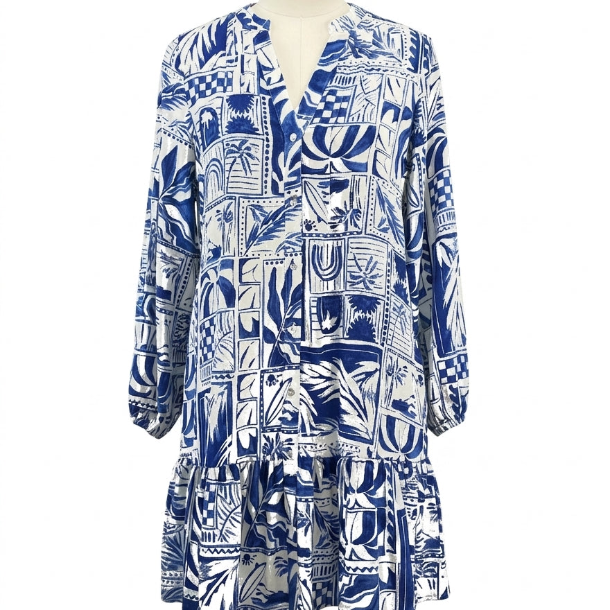 Rachel Zoe · Longsleeve Dress · Medium · WhiteBlue Tropical
