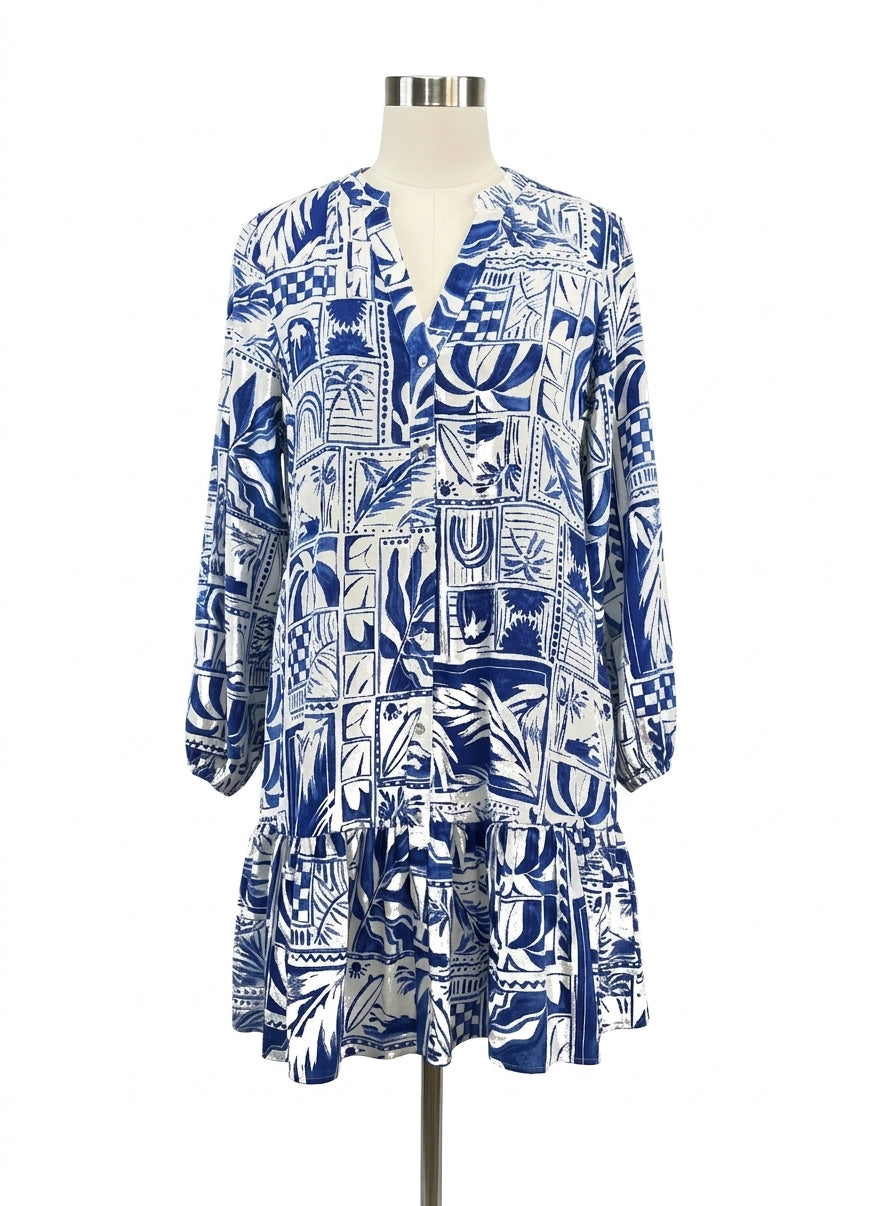 Rachel Zoe · Longsleeve Dress · Medium · WhiteBlue Tropical