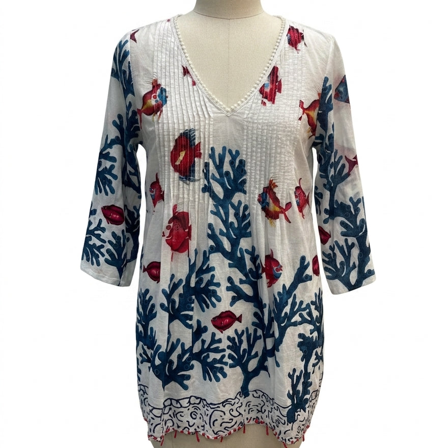 SoftSurroundings · Fish Scape with Coral Beading · Medium · White Teal