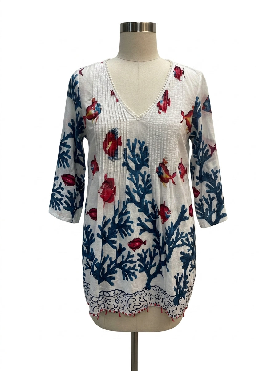 SoftSurroundings · Fish Scape with Coral Beading · Medium · White Teal