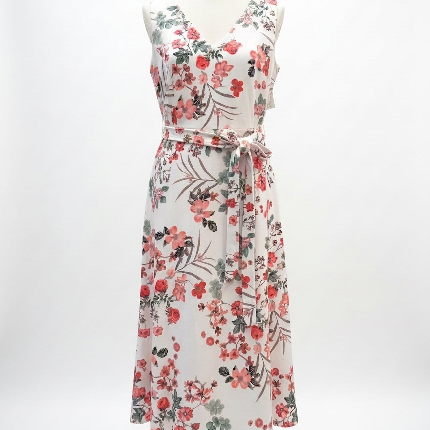 Calvin Klein · Belted Dress · 10Petite · White Coral Floral