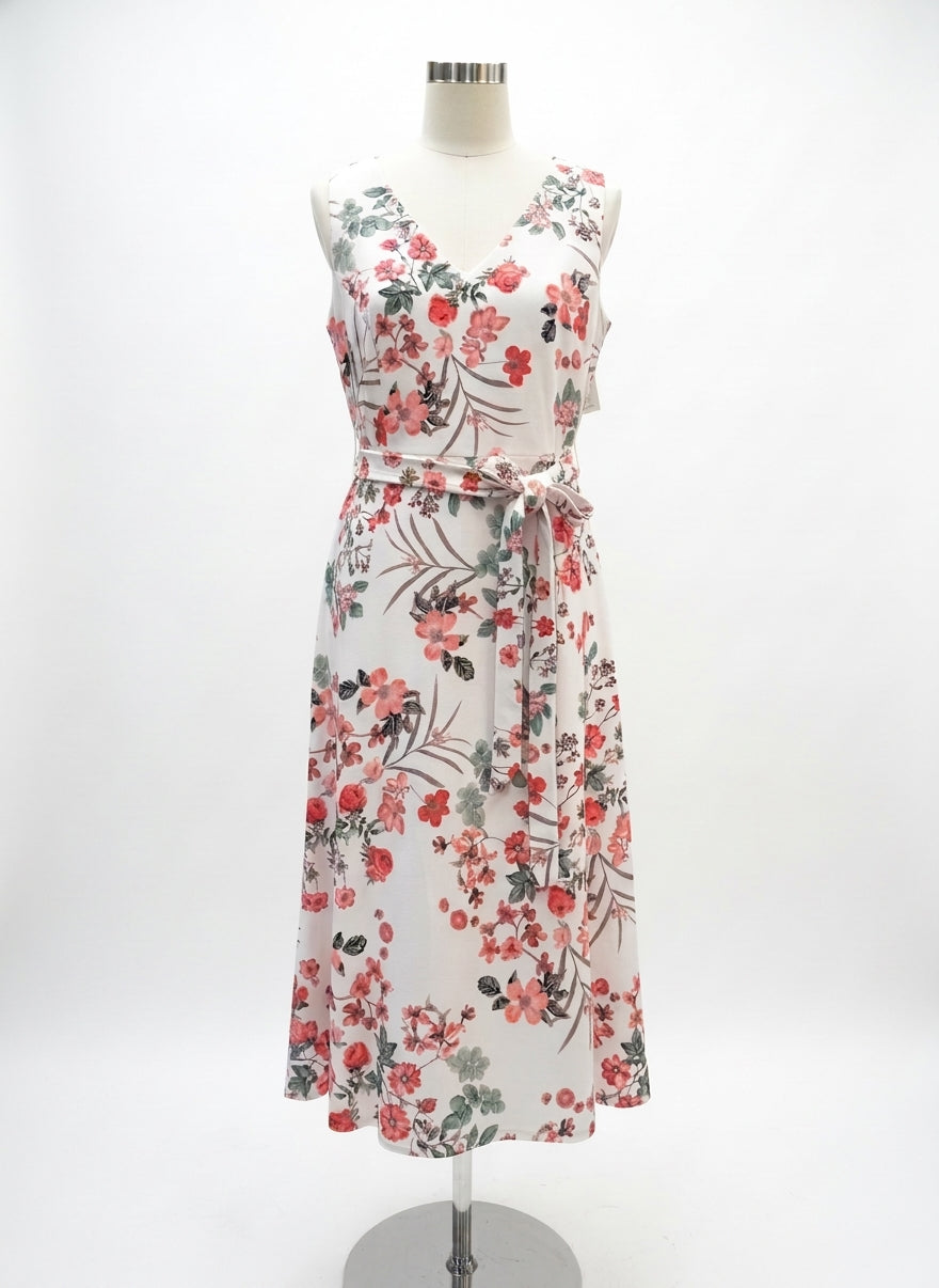 Calvin Klein · Belted Dress · 10Petite · White Coral Floral