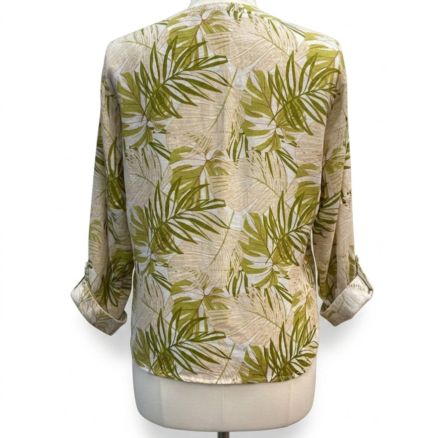 C&C · Roll Tab Shirt · Large · Tan Green Leaf Print