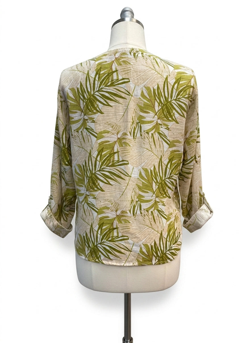 C&C · Roll Tab Shirt · Large · Tan Green Leaf Print