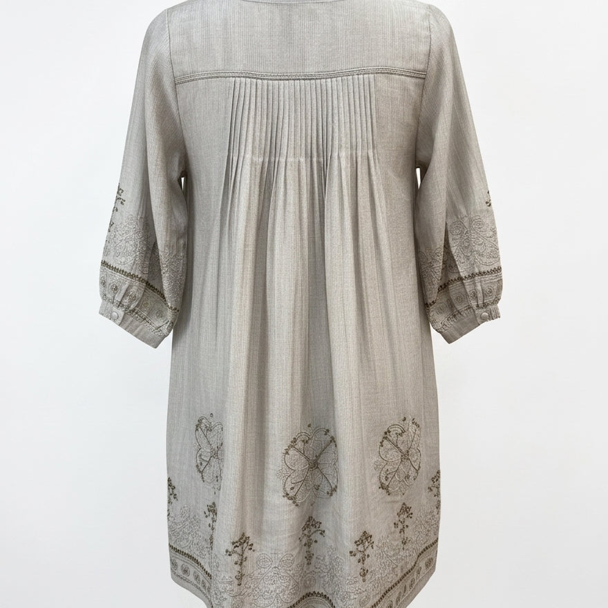 Anthropologie · Blue Tassel GrayTurq Embroidered Dress · Small · Beige Moss