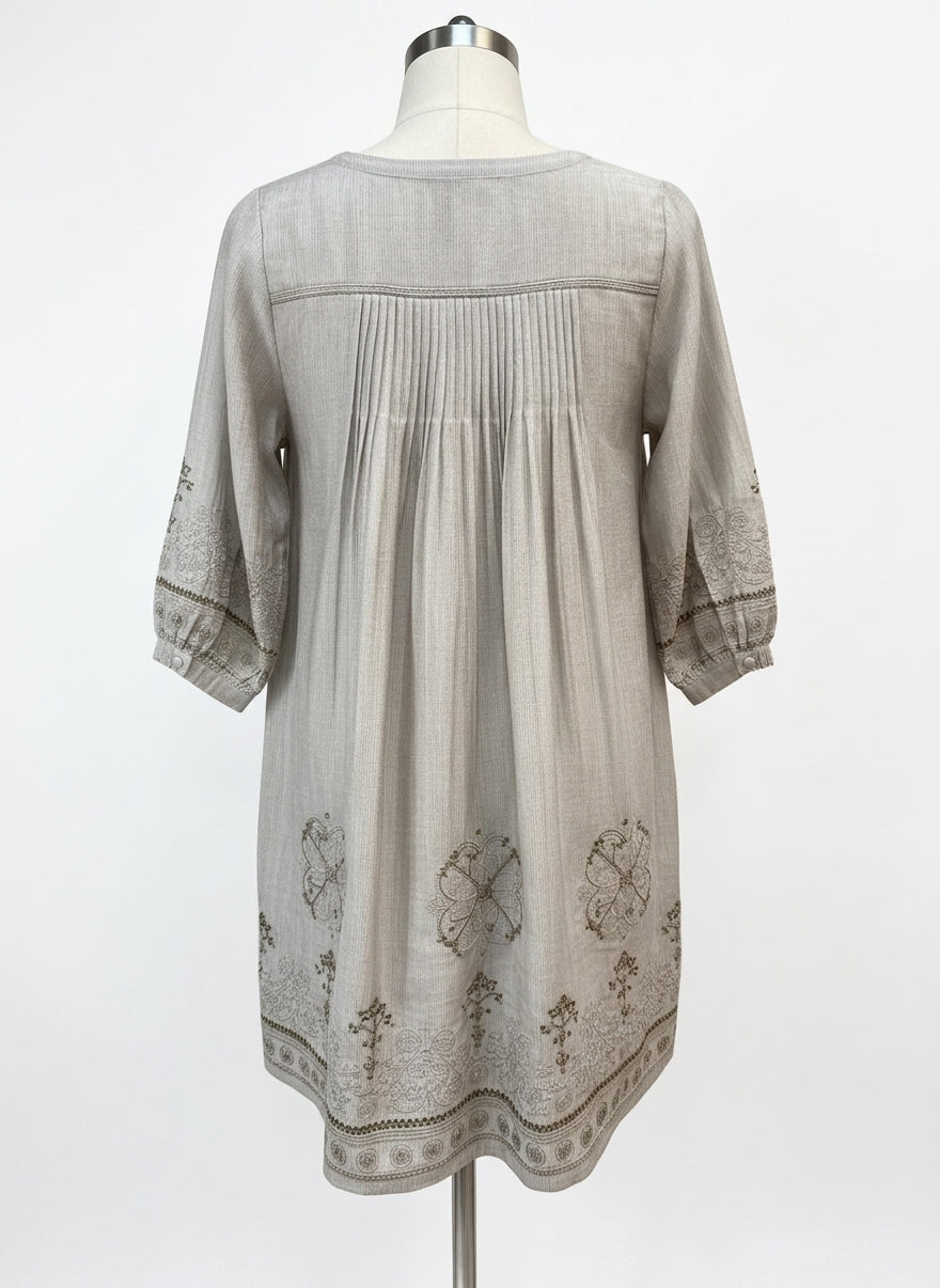 Anthropologie · Blue Tassel GrayTurq Embroidered Dress · Small · Beige Moss