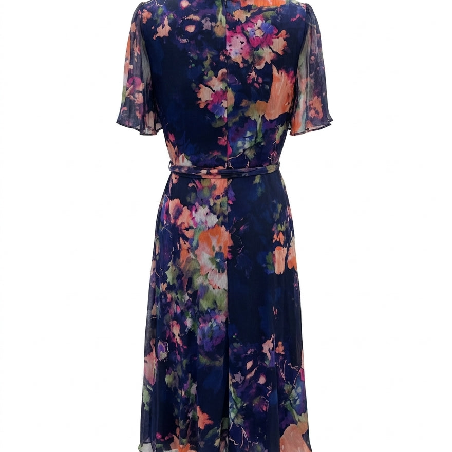 DKNY · Abstract Floral Print Belted Dress · 6 · NavyPink