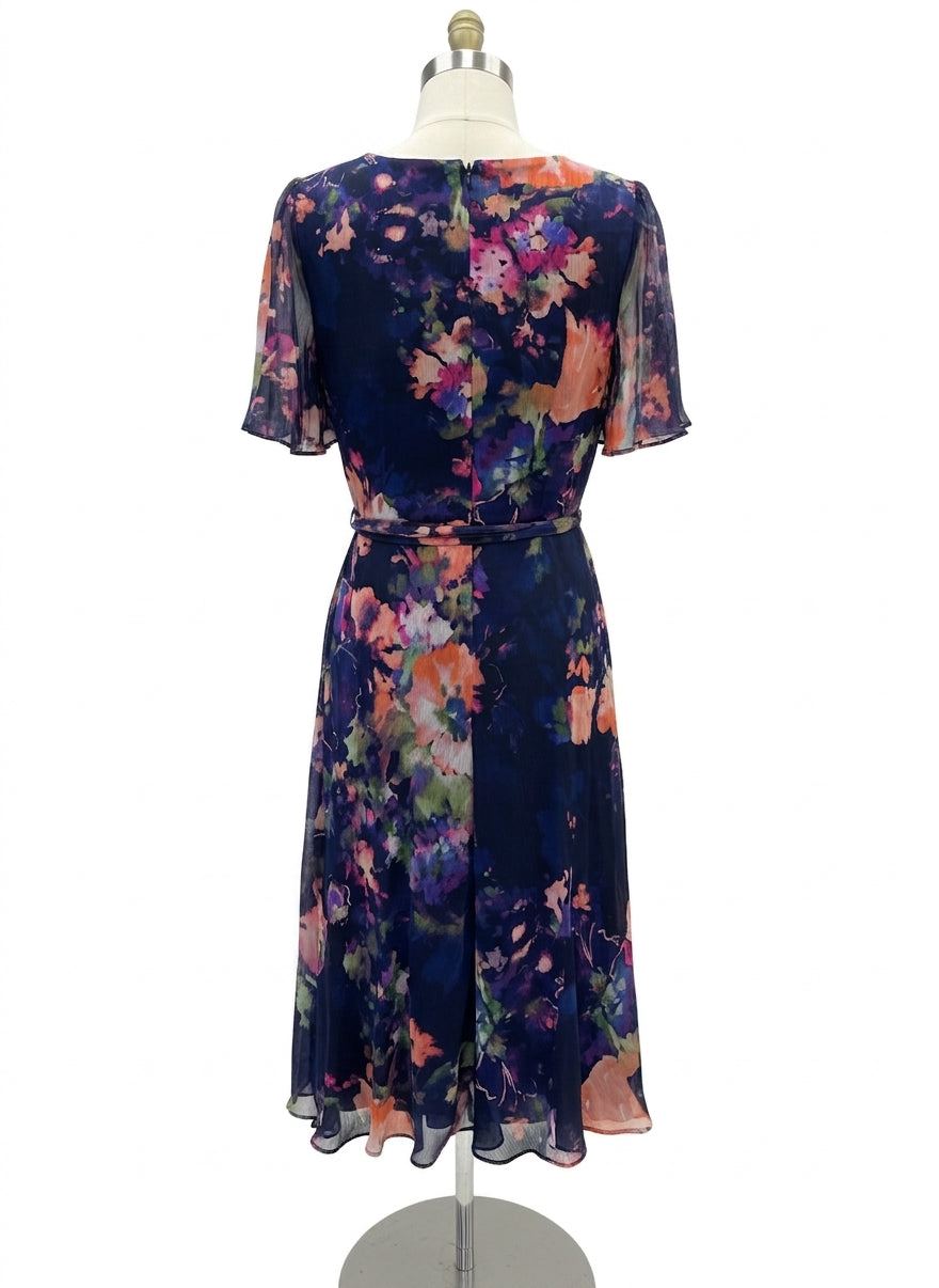 DKNY · Abstract Floral Print Belted Dress · 6 · NavyPink
