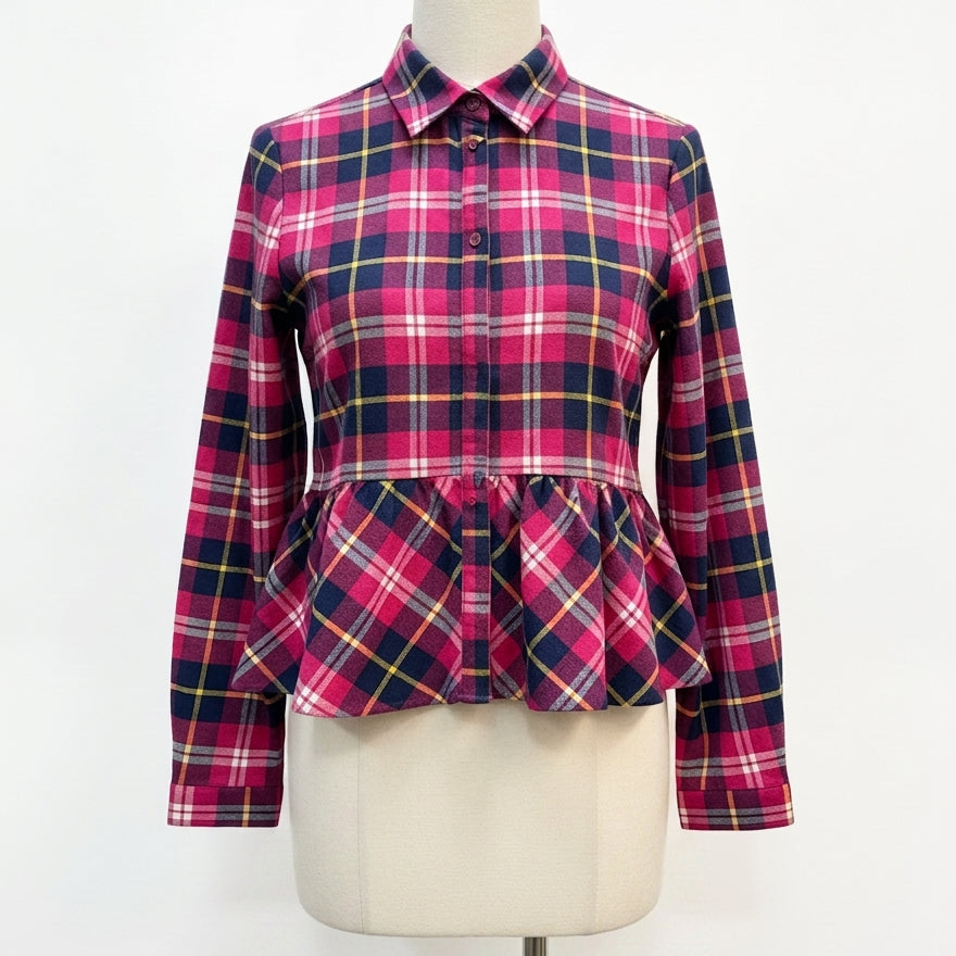 Sundance · Plaid Peplum Top · Medium · FuchsiaNavy