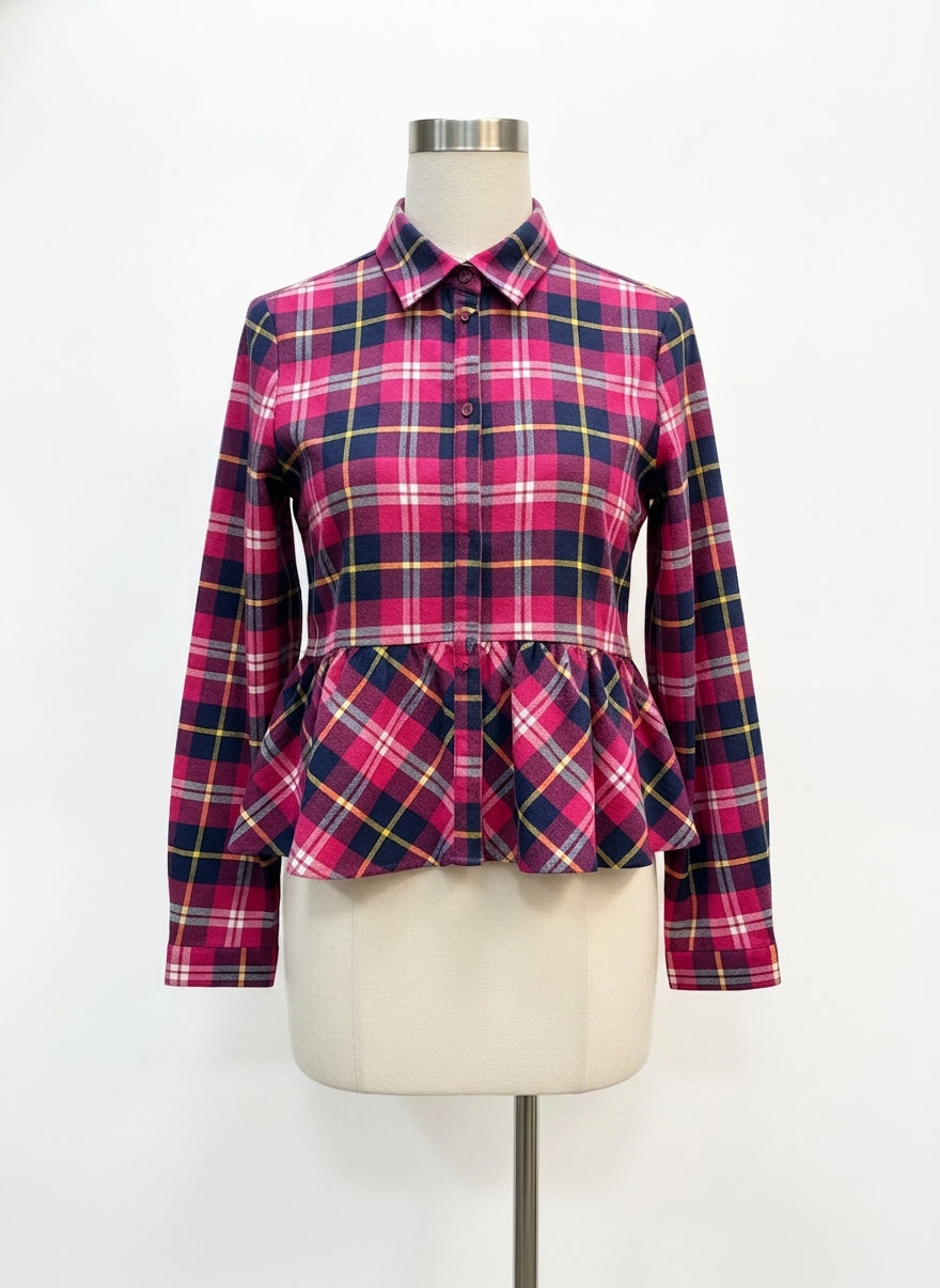 Sundance · Plaid Peplum Top · Medium · FuchsiaNavy