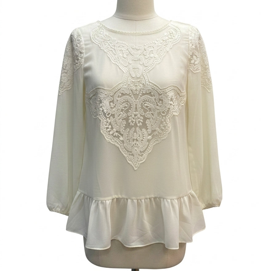 Anthropologie · Blue Tassel Chiffon With Lace · Small · CreamBlue