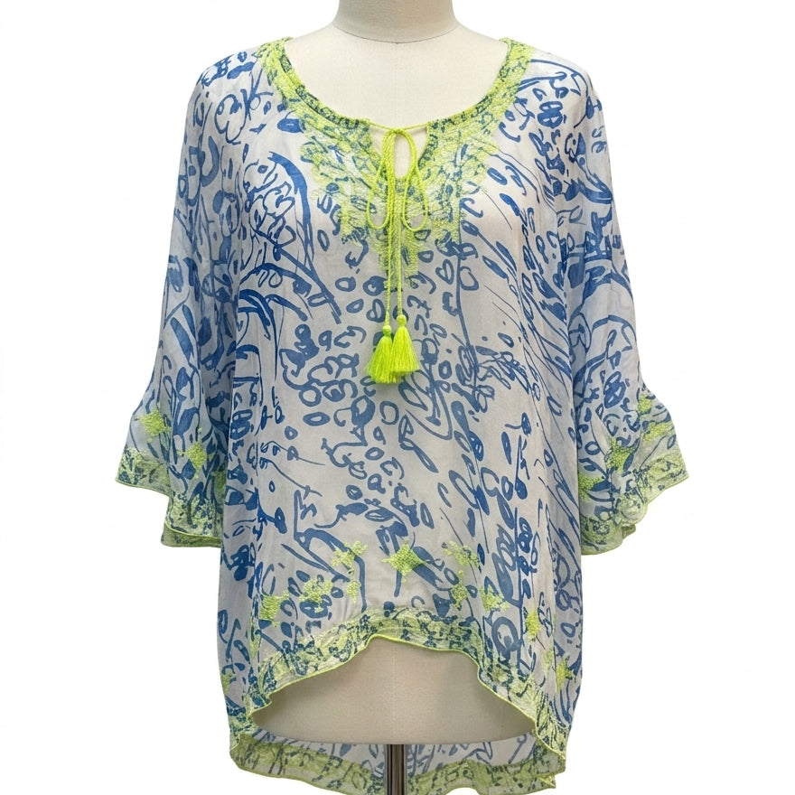 Sundance · Bell Sleeve Top · S/M · White with Blue Print and Neon Yellow Embroidery