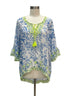 Sundance · Bell Sleeve Top · S/M · White with Blue Print and Neon Yellow Embroidery
