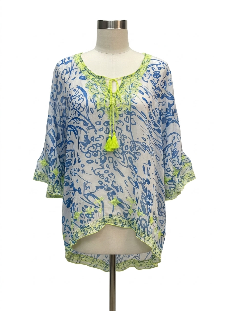Sundance · Bell Sleeve Top · S/M · White with Blue Print and Neon Yellow Embroidery