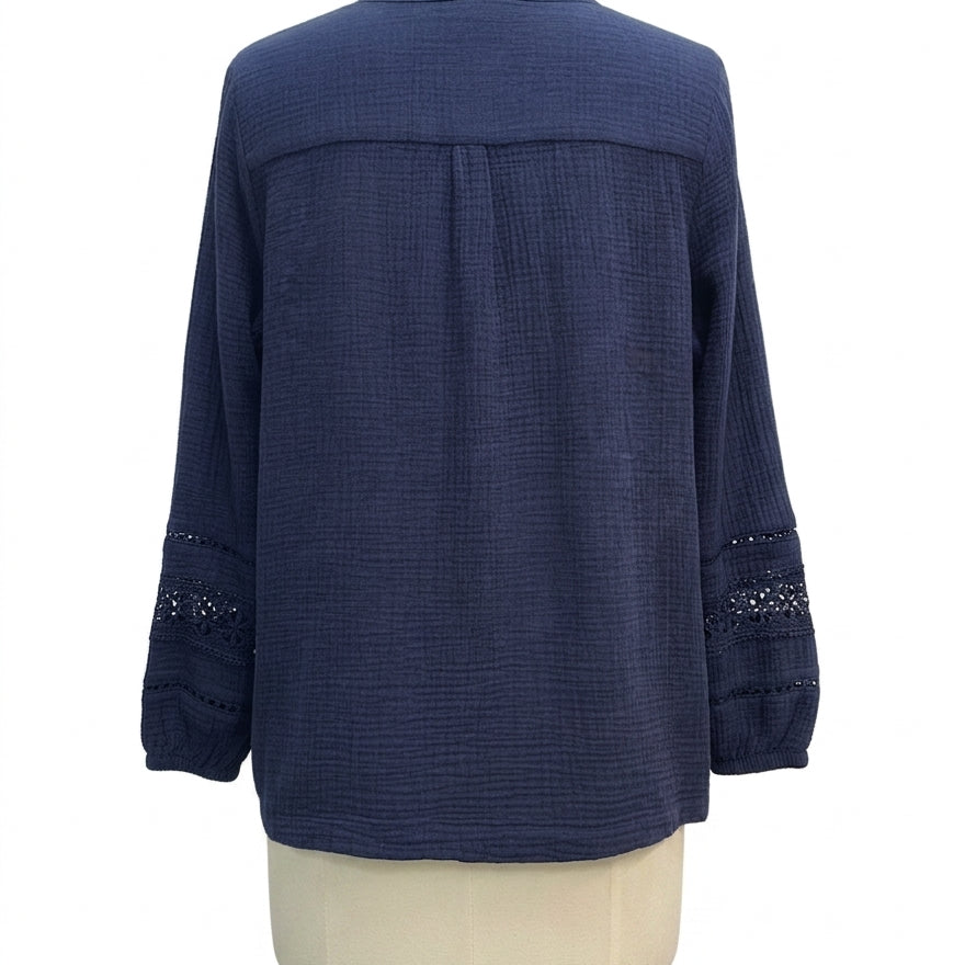 Belle Beach · Cotton Gauze Long Sleeve Shirt with Lace · 1X · Navy