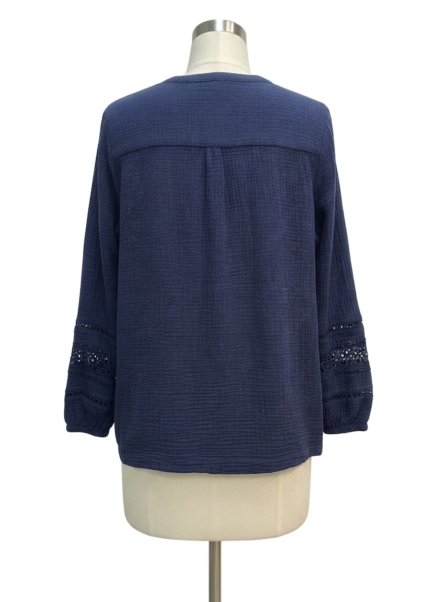 Belle Beach · Cotton Gauze Long Sleeve Shirt with Lace · 1X · Navy