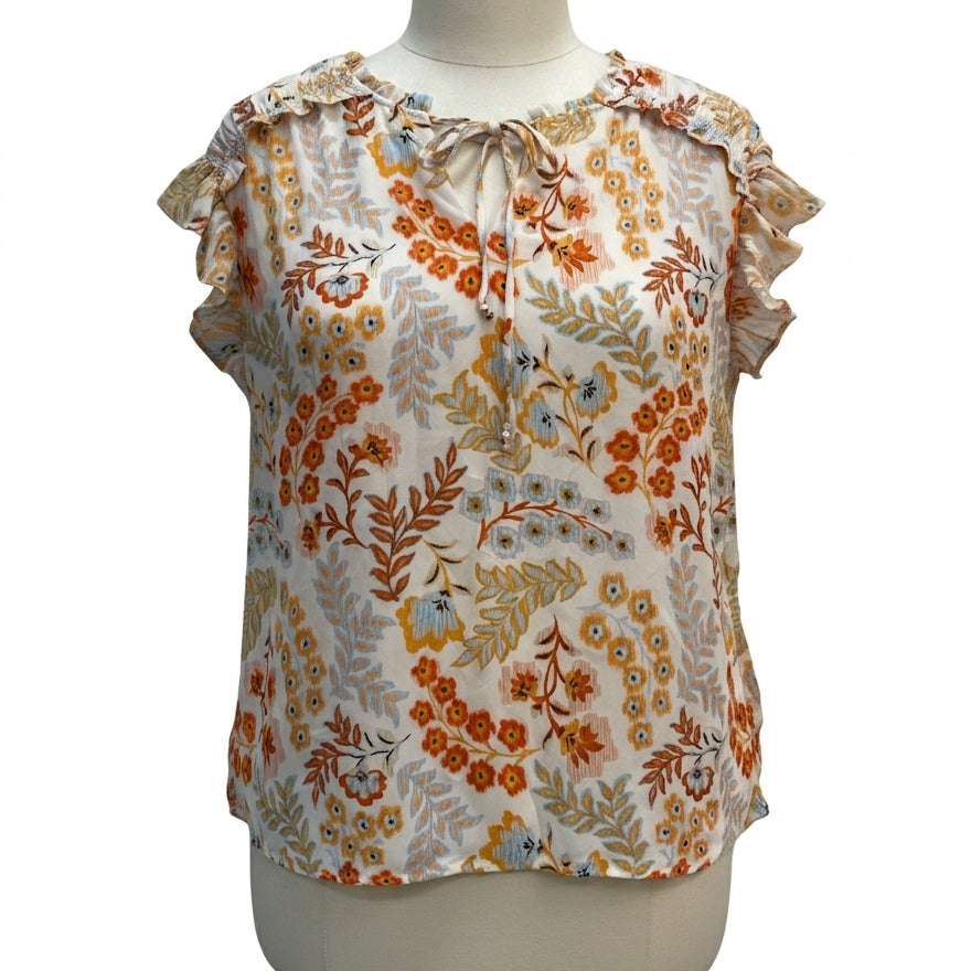 DR2 · Ruffled Sleeve Top with keyhole detail · 1X · OrangeFloral