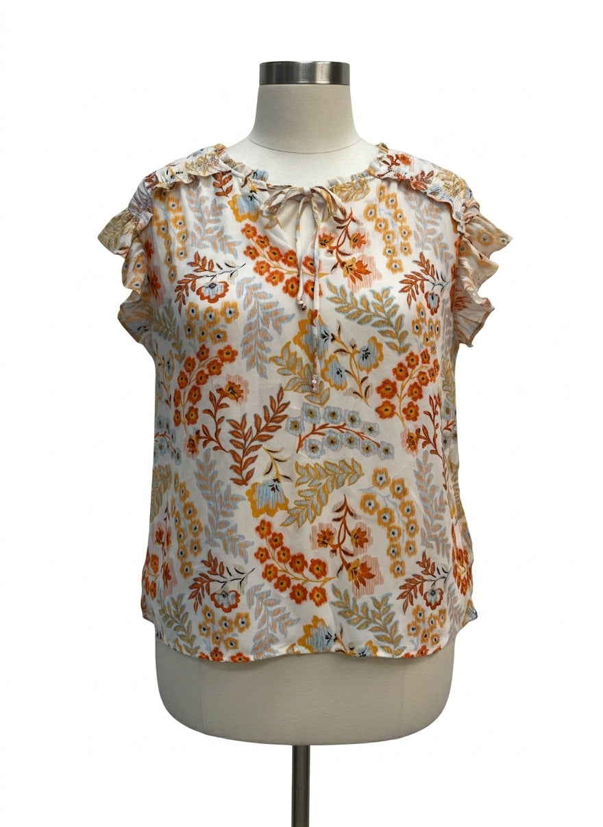 DR2 · Ruffled Sleeve Top with keyhole detail · 1X · OrangeFloral