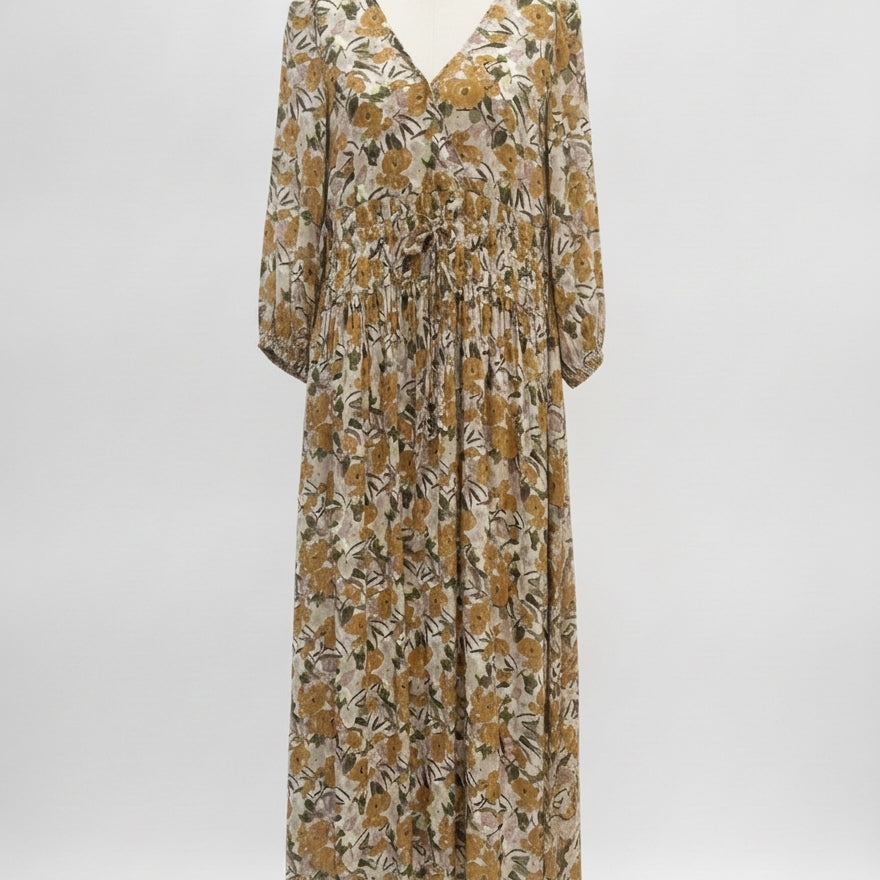 Grade&Gather · The Vivian Detailed Maxi Dress w/ tie waist · Medium · GoldFloral