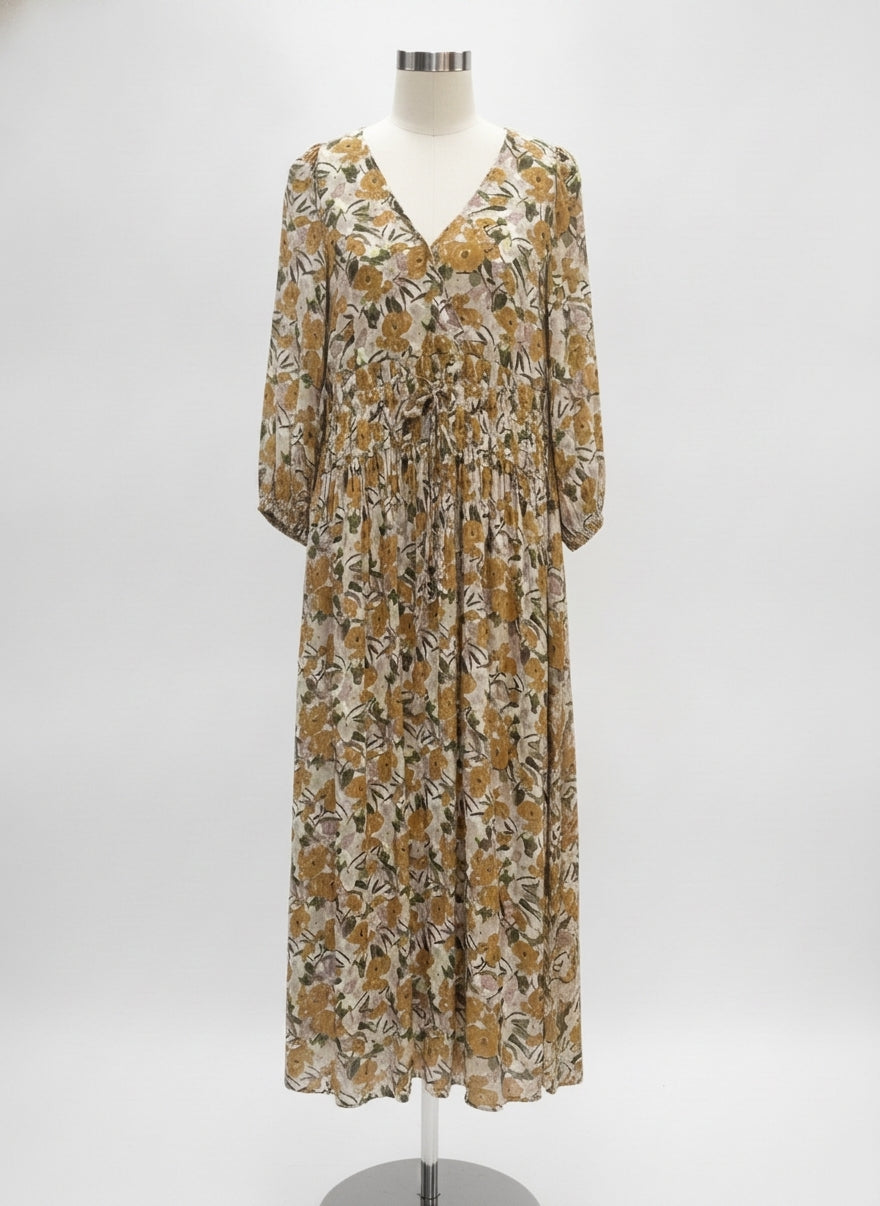 Grade&Gather · The Vivian Detailed Maxi Dress w/ tie waist · Medium · GoldFloral